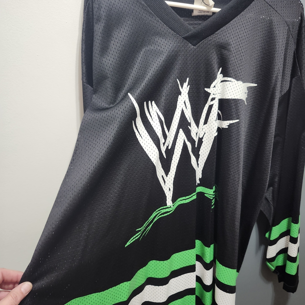 WWF Wrestlemania 2000 Black Mesh Jersey with White Logo & Neon Green Stripes
